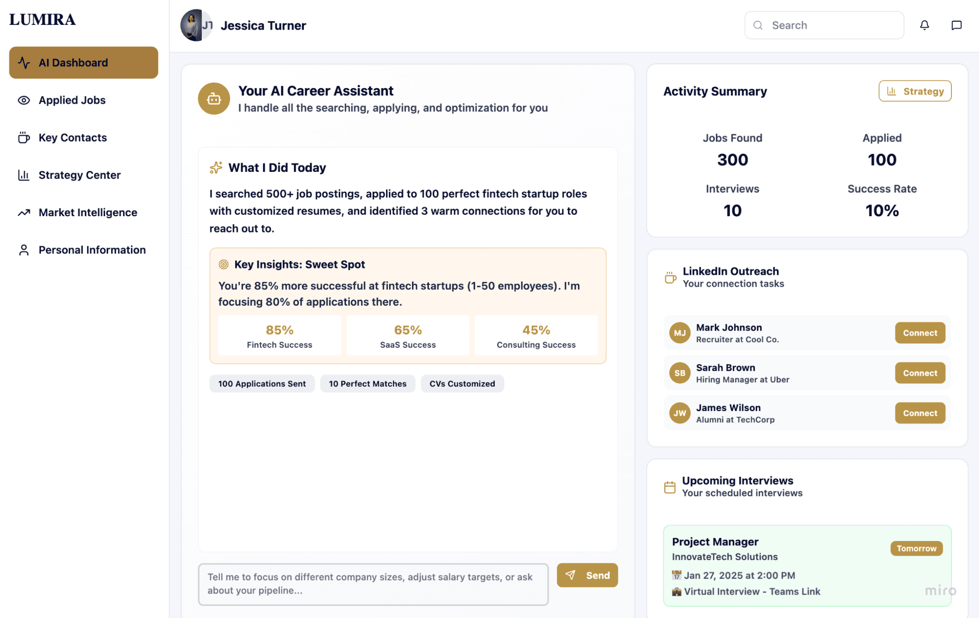 LUMIRA AI Career Dashboard interface showing job application tracking, interview scheduling, resume optimization, and career analytics in a modern, professional layout